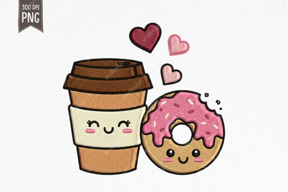 Cute Coffee and Donut Embroidery PNG