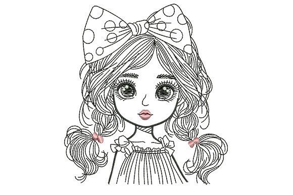 Kawaii Girl Line Art Embroidery Design