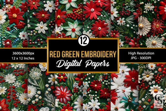 Red Green Floral Embroidery Pattern