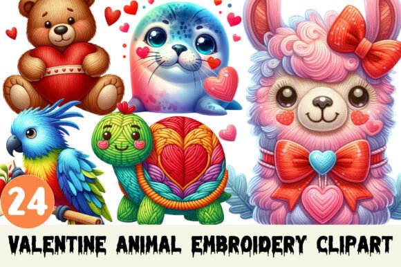 Valentine Animal Embroidery Clipart.